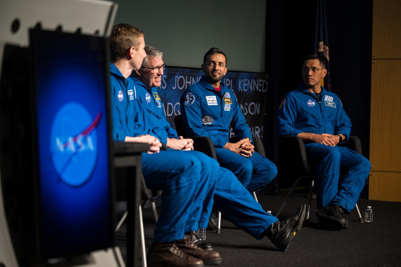 NASA astronauts Warren Hoburg and Stephen Bowen, UAE (United Arab Emirates) astronaut Sultan Alneyadi and NASA astronaut Frank Rubio, speak about their time aboard the International Space Station as part of Expedition 69 during an employee engagement event, Tuesday, March 19, 2024, at the Mary W. Jackson NASA Headquarters building in Washington. Bowen, Hoburg, and Alneyadi spent 186 days aboard the International Space Station as part of Expedition 69; while Rubio set a new record for the longest single spaceflight by a U.S. astronaut, spending 371 days in orbit on an extended mission spanning Expeditions 68 and 69. Photo Credit: (NASA/Aubrey Gemignani)