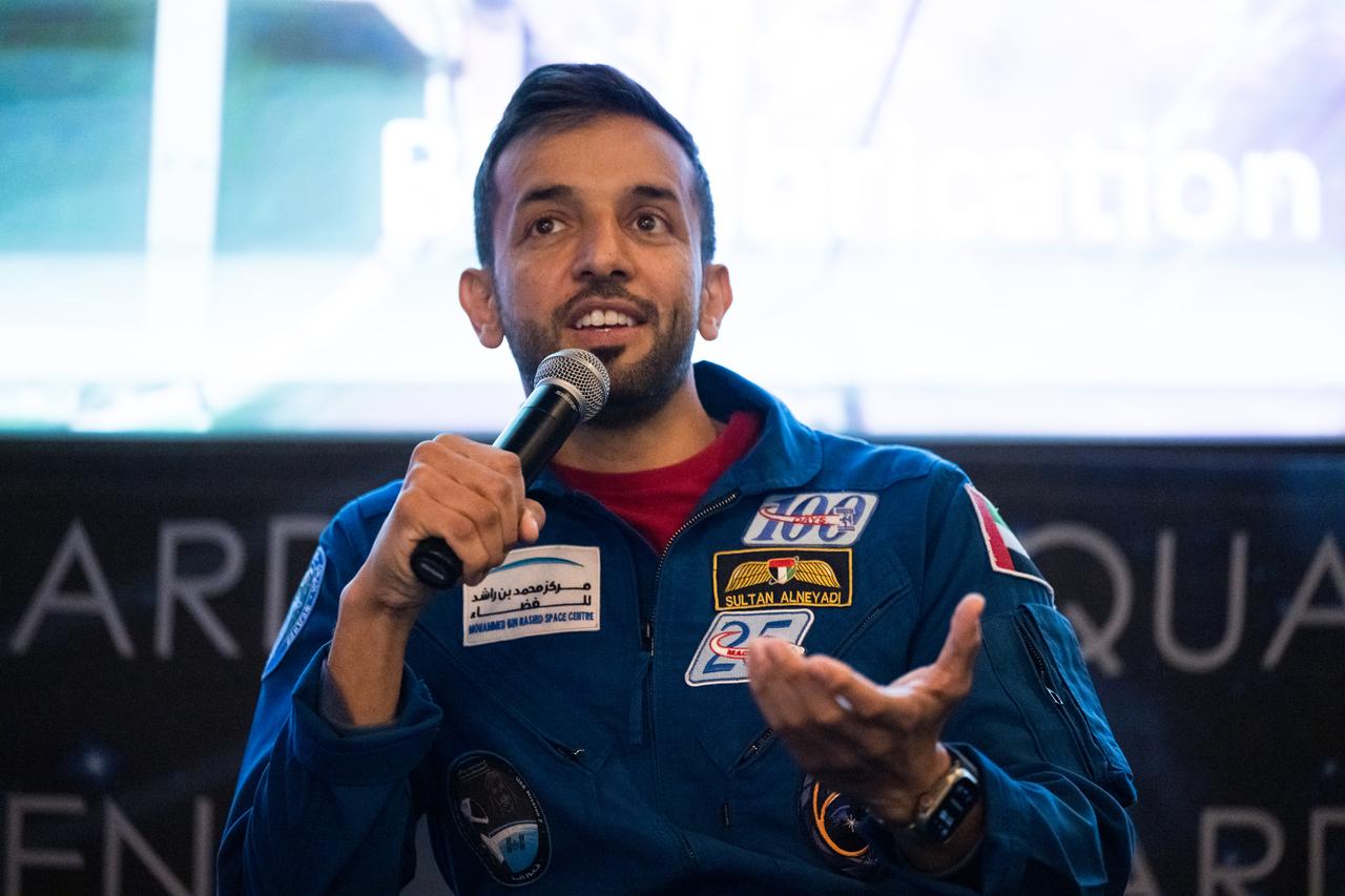 Expedition 69 UAE (United Arab Emirates) astronaut Sultan Alneyadi is seen as he and fellow crewmates NASA astronauts Frank Rubio, Stephen Bowen and Warren Hoburg, speak about their time onboard the International Space Station as part of Expedition 69 during an employee engagement event Tuesday, March 19, 2024, at the Mary W. Jackson NASA Headquarters building in Washington.  Bowen, Hoburg, and Alneyadi spent 186 days aboard the International Space Station as part of Expedition 69; while Rubio set a new record for the longest single spaceflight by a U.S. astronaut, spending 371 days in orbit on an extended mission spanning Expeditions 68 and 69. Photo Credit: (NASA/Aubrey Gemignani)