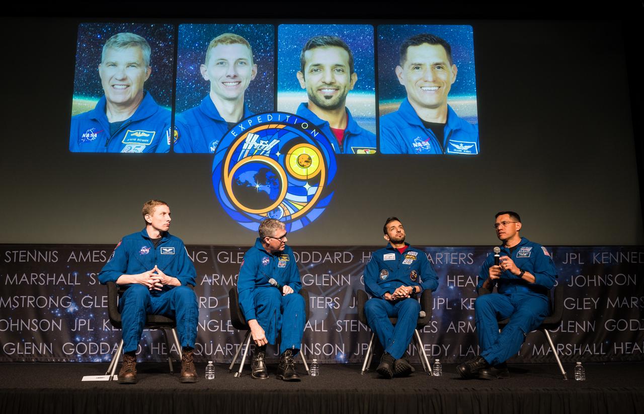 NASA astronauts Warren Hoburg, and Stephen Bowen, UAE (United Arab Emirates) astronaut Sultan Alneyadi, and NASA astronaut Frank Rubio speak about their time aboard the International Space Station as part of Expedition 69 during an employee engagement event Tuesday, March 19, 2024, at the Mary W. Jackson NASA Headquarters building in Washington. Bowen, Hoburg, and Alneyadi spent 186 days aboard the International Space Station as part of Expedition 69; while Rubio set a new record for the longest single spaceflight by a U.S. astronaut, spending 371 days in orbit on an extended mission spanning Expeditions 68 and 69. Photo Credit: (NASA/Aubrey Gemignani)