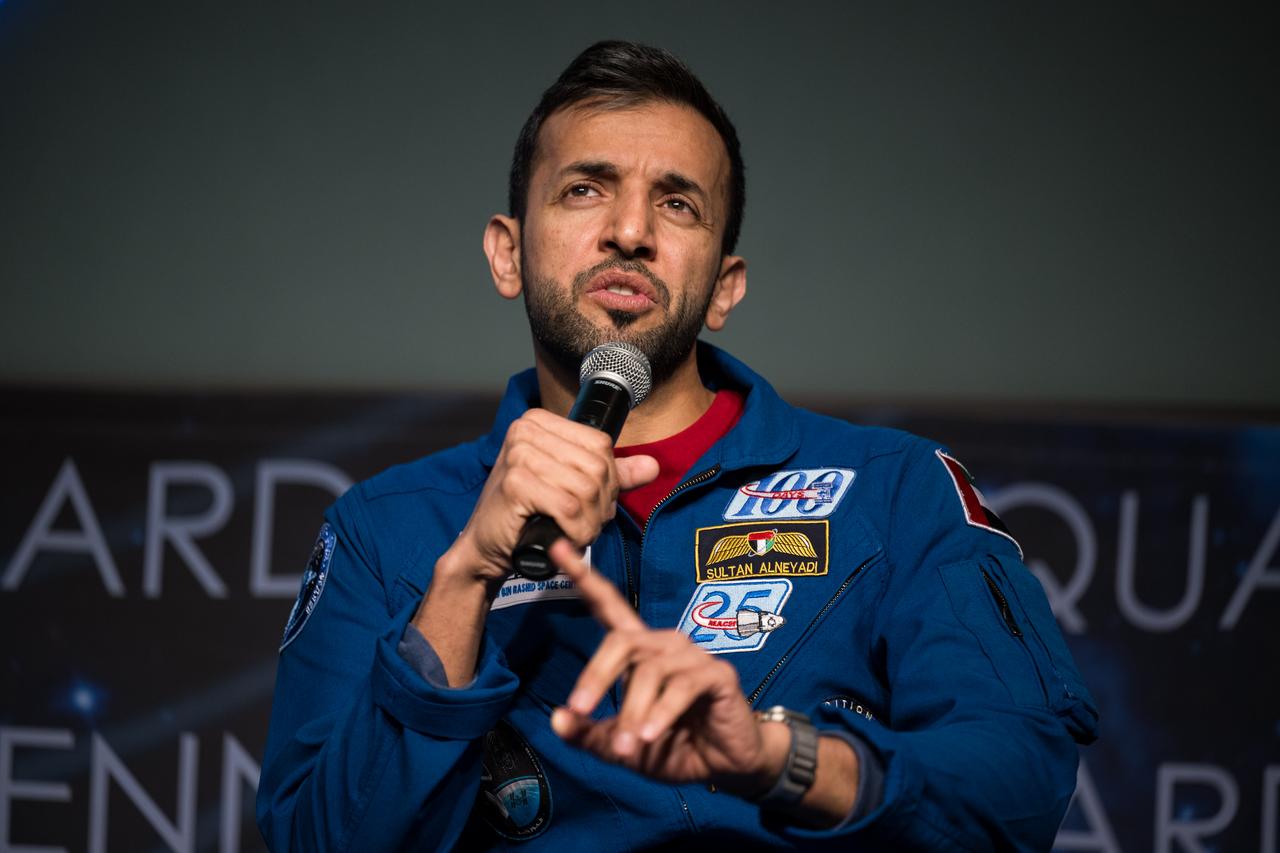 Expedition 69 UAE (United Arab Emirates) astronaut Sultan Alneyadi is seen as he and fellow crewmates NASA astronauts Frank Rubio, Stephen Bowen and Warren Hoburg, speak about their time onboard the International Space Station as part of Expedition 69 during an employee engagement event Tuesday, March 19, 2024, at the Mary W. Jackson NASA Headquarters building in Washington.  Bowen, Hoburg, and Alneyadi spent 186 days aboard the International Space Station as part of Expedition 69; while Rubio set a new record for the longest single spaceflight by a U.S. astronaut, spending 371 days in orbit on an extended mission spanning Expeditions 68 and 69. Photo Credit: (NASA/Aubrey Gemignani)