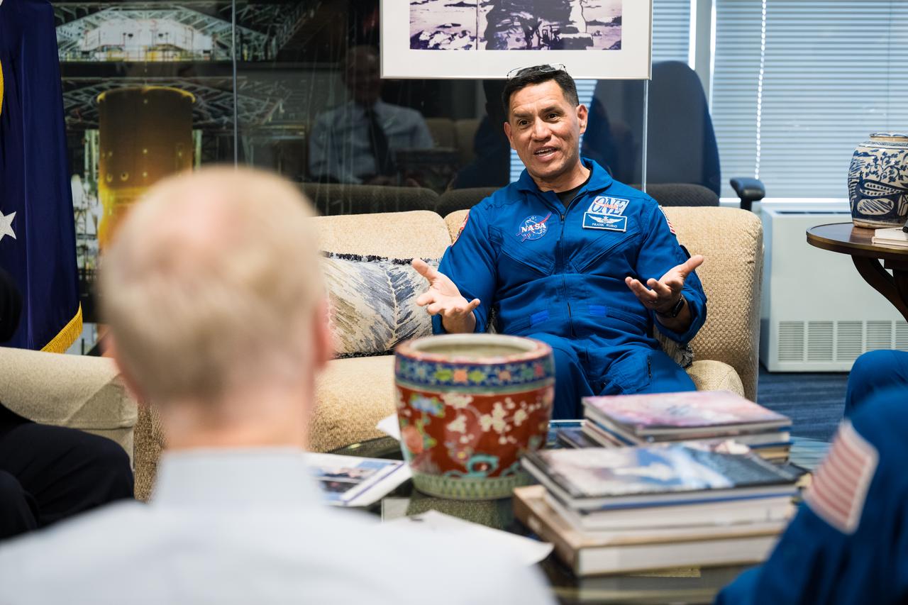 Expedition 69 NASA astronaut Frank Rubio is seen as he and fellow crewmates NASA astronauts Warren Hoburg and Stephen Bowen, and  UAE (United Arab Emirates) astronaut Sultan Alneyadi meet with NASA Administrator Bill Nelson and Deputy Administrator Pam Melroy, Tuesday, March 19, 2024 at the Mary W. Jackson NASA Headquarters building in Washington. Bowen, Hoburg, and Alneyadi spent 186 days aboard the International Space Station as part of Expedition 69; while Rubio set a new record for the longest single spaceflight by a U.S. astronaut, spending 371 days in orbit on an extended mission spanning Expeditions 68 and 69. Photo Credit: (NASA/Aubrey Gemignani)