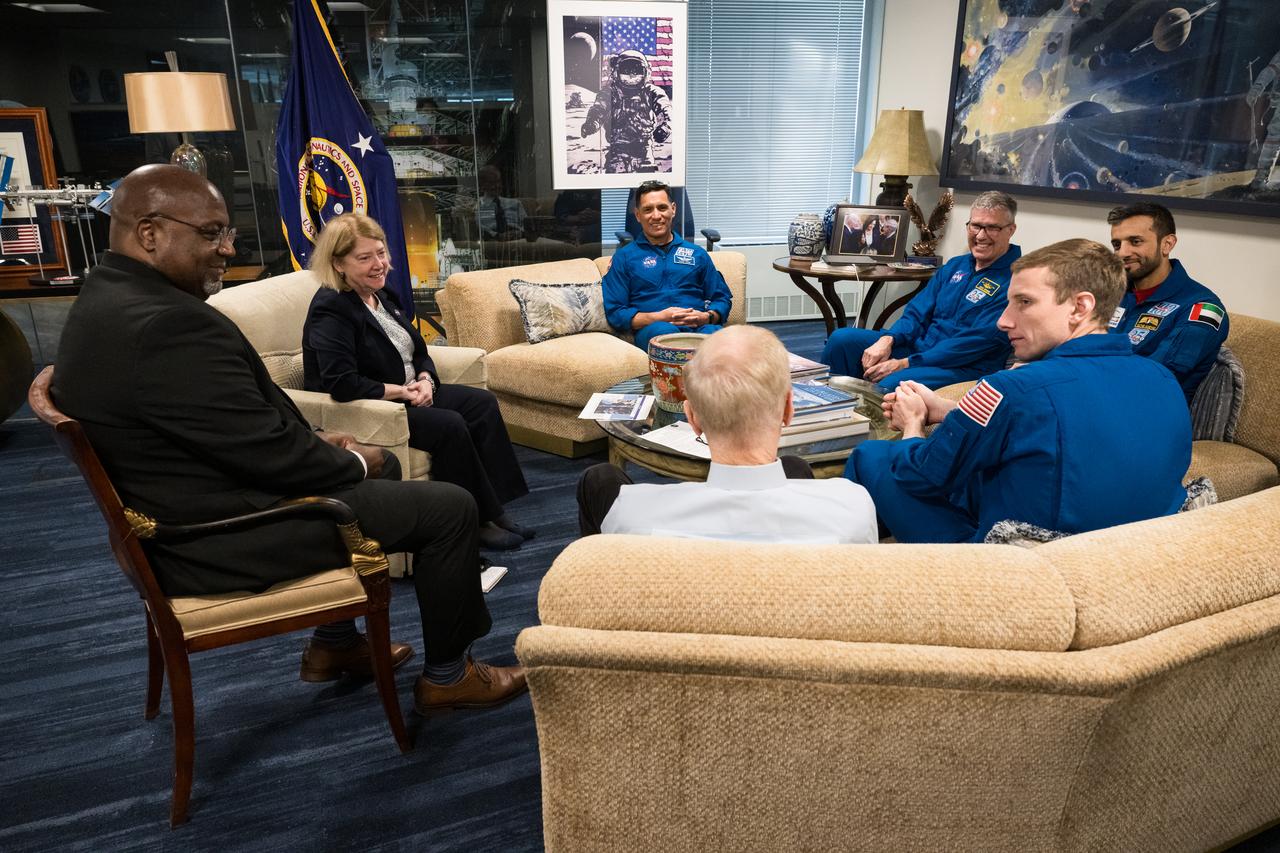 Expedition 69 NASA astronaut Stephen Bowen is seen as he and fellow crewmates NASA astronauts Warren Hoburg and Frank Rubio, and  UAE (United Arab Emirates) astronaut Sultan Alneyadi meet with NASA Administrator Bill Nelson, Deputy Manager for the Commercial Lunar Payloads Services (CLPS) Project Office at NASA's Johnson Space Center, Darryl Gaines, and Deputy Administrator Pam Melroy, Tuesday, March 19, 2024 at the Mary W. Jackson NASA Headquarters building in Washington. Bowen, Hoburg, and Alneyadi spent 186 days aboard the International Space Station as part of Expedition 69; while Rubio set a new record for the longest single spaceflight by a U.S. astronaut, spending 371 days in orbit on an extended mission spanning Expeditions 68 and 69. Photo Credit: (NASA/Aubrey Gemignani)
