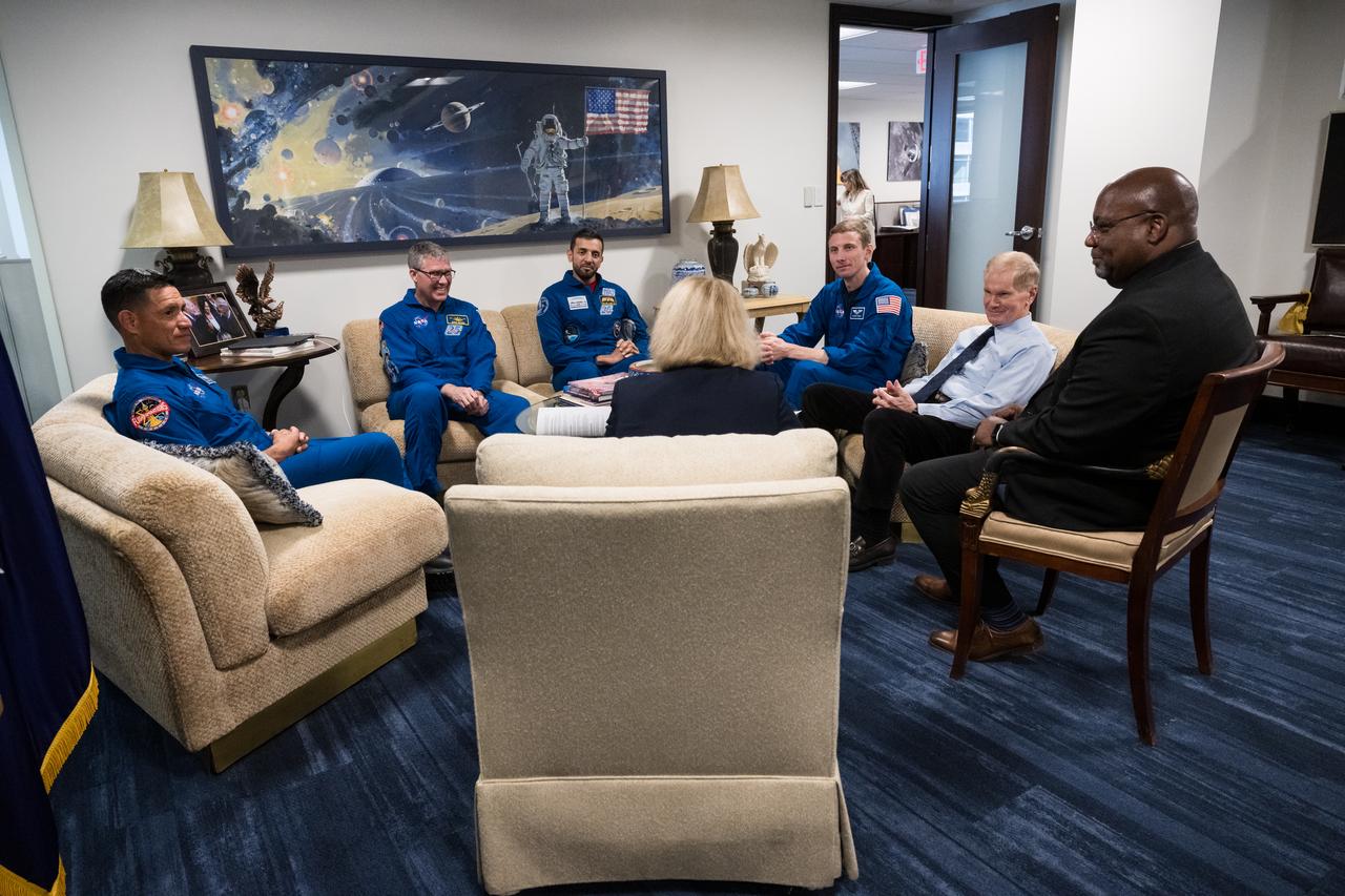 Expedition 69 NASA astronaut Stephen Bowen is seen as he and fellow crewmates NASA astronauts Warren Hoburg and Frank Rubio, and  UAE (United Arab Emirates) astronaut Sultan Alneyadi meet with NASA Administrator Bill Nelson, Deputy Manager for the Commercial Lunar Payloads Services (CLPS) Project Office at NASA's Johnson Space Center, Darryl Gaines, and Deputy Administrator Pam Melroy, Tuesday, March 19, 2024 at the Mary W. Jackson NASA Headquarters building in Washington. Bowen, Hoburg, and Alneyadi spent 186 days aboard the International Space Station as part of Expedition 69; while Rubio set a new record for the longest single spaceflight by a U.S. astronaut, spending 371 days in orbit on an extended mission spanning Expeditions 68 and 69. Photo Credit: (NASA/Aubrey Gemignani)