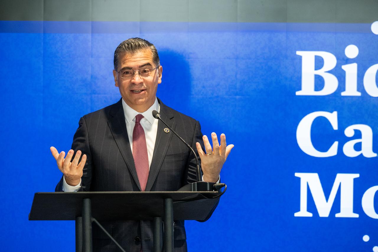Department of Health and Human Services (HHS) Secretary Xavier Becerra delivers remarks during an event with NASA to highlight how the agencies are making progress toward President Joe Biden and First Lady Jill Biden’s Cancer Moonshot initiative, Thursday, March 21, 2024, in the Earth Information Center at the Mary W. Jackson NASA Headquarters building in Washington. NASA is working with agencies and researchers across the federal government to help cut the nation’s cancer death rate by at least 50% in the next 25 years, a goal of the Cancer Moonshot Initiative. Photo Credit: (NASA/Keegan Barber)