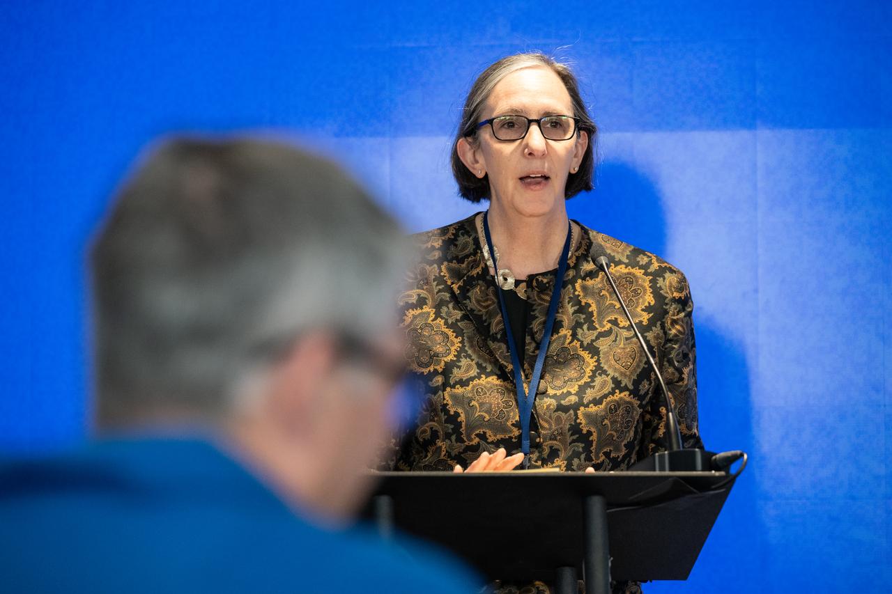 Director of the National Cancer Institute (NCI) Dr. Kimryn Rathmell delivers remarks during an event with NASA and the Department of Health and Human Services (HHS) to highlight how the agencies are making progress toward President Joe Biden and First Lady Jill Biden’s Cancer Moonshot initiative, Thursday, March 21, 2024, in the Earth Information Center at the Mary W. Jackson NASA Headquarters building in Washington. NASA is working with agencies and researchers across the federal government to help cut the nation’s cancer death rate by at least 50% in the next 25 years, a goal of the Cancer Moonshot Initiative. Photo Credit: (NASA/Keegan Barber)