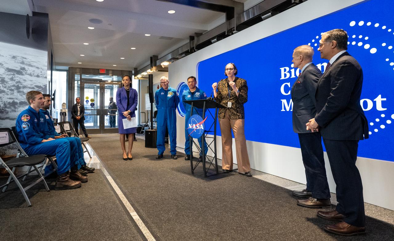 Director of the National Cancer Institute (NCI) Dr. Kimryn Rathmell, third from right, answers questions from reporters during an event with NASA and the Department of Health and Human Services (HHS) to highlight how the agencies are making progress toward President Joe Biden and First Lady Jill Biden’s Cancer Moonshot initiative, Thursday, March 21, 2024, in the Earth Information Center at the Mary W. Jackson NASA Headquarters building in Washington. NASA is working with agencies and researchers across the federal government to help cut the nation’s cancer death rate by at least 50% in the next 25 years, a goal of the Cancer Moonshot Initiative. Photo Credit: (NASA/Keegan Barber)