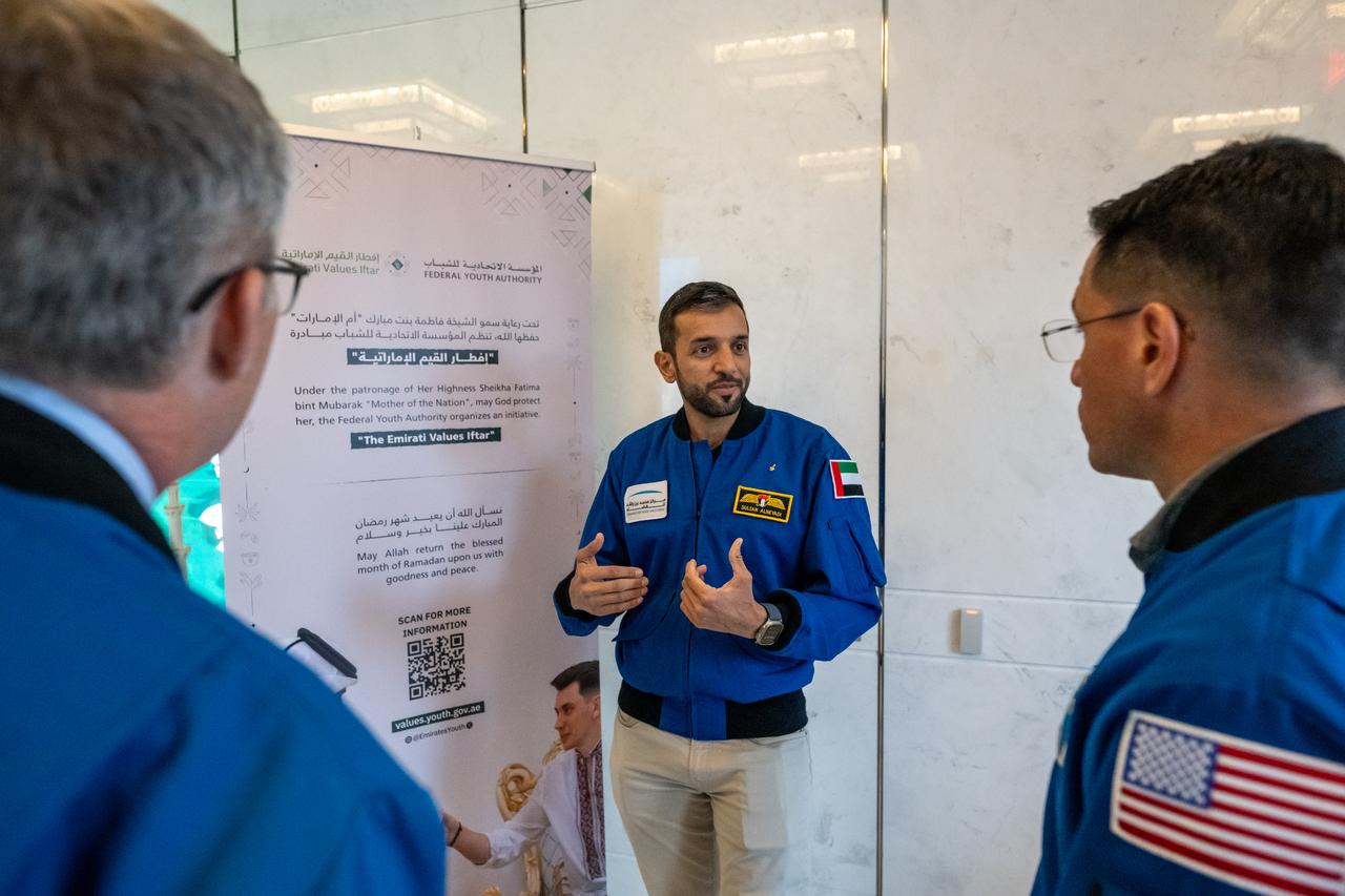 From left to right, NASA astronaut Stephen Bowen, UAE (United Arab Emirates) astronaut Sultan Alneyadi, and NASA astronaut Frank Rubio are seen prior to an Iftar dinner, Thursday, March 21, 2024, at the UAE Embassy in Washington.  Bowen and Alneyadi spent 186 days aboard the International Space Station as part of Expedition 69; while Rubio set a new record for the longest single spaceflight by a U.S. astronaut, spending 371 days in orbit on an extended mission spanning Expeditions 68 and 69. Photo Credit: (NASA/Keegan Barber)