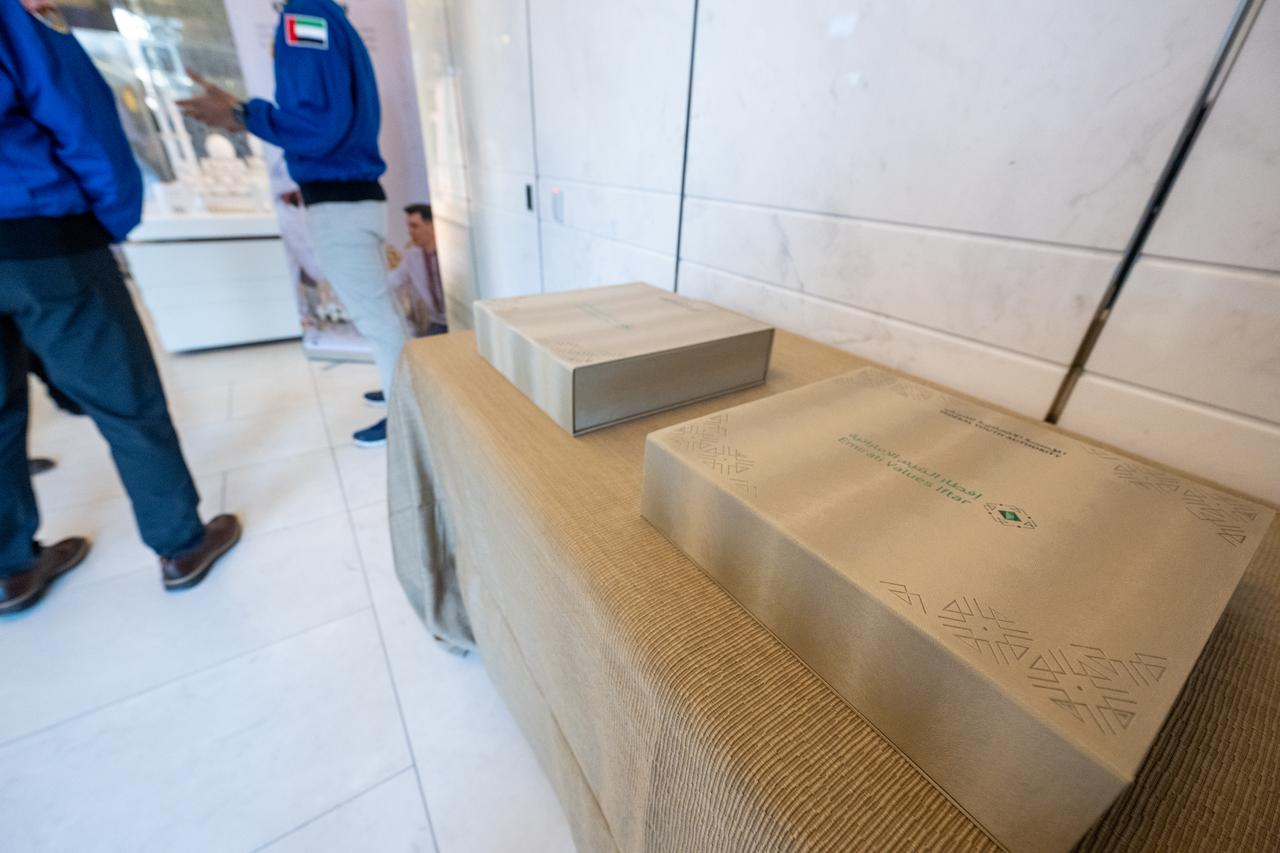 Gifts are seen prior to an Iftar dinner hosted by UAE (United Arab Emirates) astronaut Sultan Alneyadi, Thursday, March 21, 2024, at the UAE Embassy in Washington. Alneyadi spent 186 days aboard the International Space Station as part of Expedition 69. Photo Credit: (NASA/Keegan Barber)