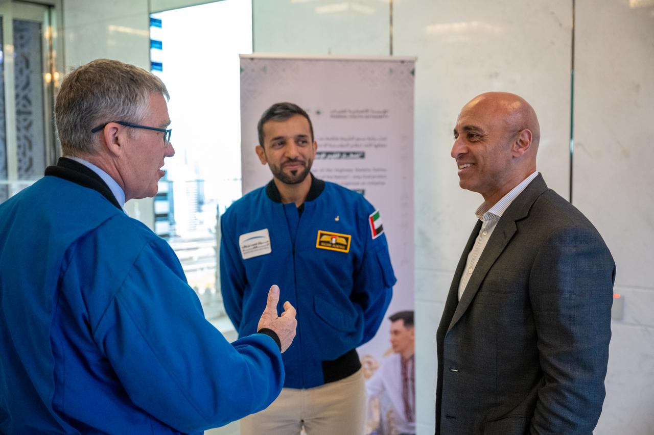From left to right, NASA astronaut Stephen Bowen, UAE (United Arab Emirates) astronaut Sultan Alneyadi, and UAE Ambassador to the US and Minister of State, Yousef Al Otaib are seen prior to an Iftar dinner, Thursday, March 21, 2024, at the UAE Embassy in Washington.  Bowen and Alneyadi spent 186 days aboard the International Space Station as part of Expedition 69. Photo Credit: (NASA/Keegan Barber)
