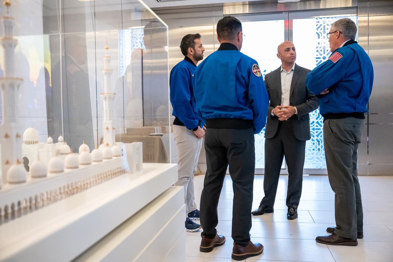 From left to right, UAE (United Arab Emirates) astronaut Sultan Alneyadi, NASA astronaut Frank Rubio, UAE Ambassador to the US and Minister of State, Yousef Al Otaib, and NASA astronaut Stephen Bowen are seen prior to an Iftar dinner, Thursday, March 21, 2024, at the UAE Embassy in Washington. Alneyadi spent 186 days aboard the International Space Station as part of Expedition 69; while Rubio set a new record for the longest single spaceflight by a U.S. astronaut, spending 371 days in orbit on an extended mission spanning Expeditions 68 and 69. Photo Credit: (NASA/Keegan Barber)