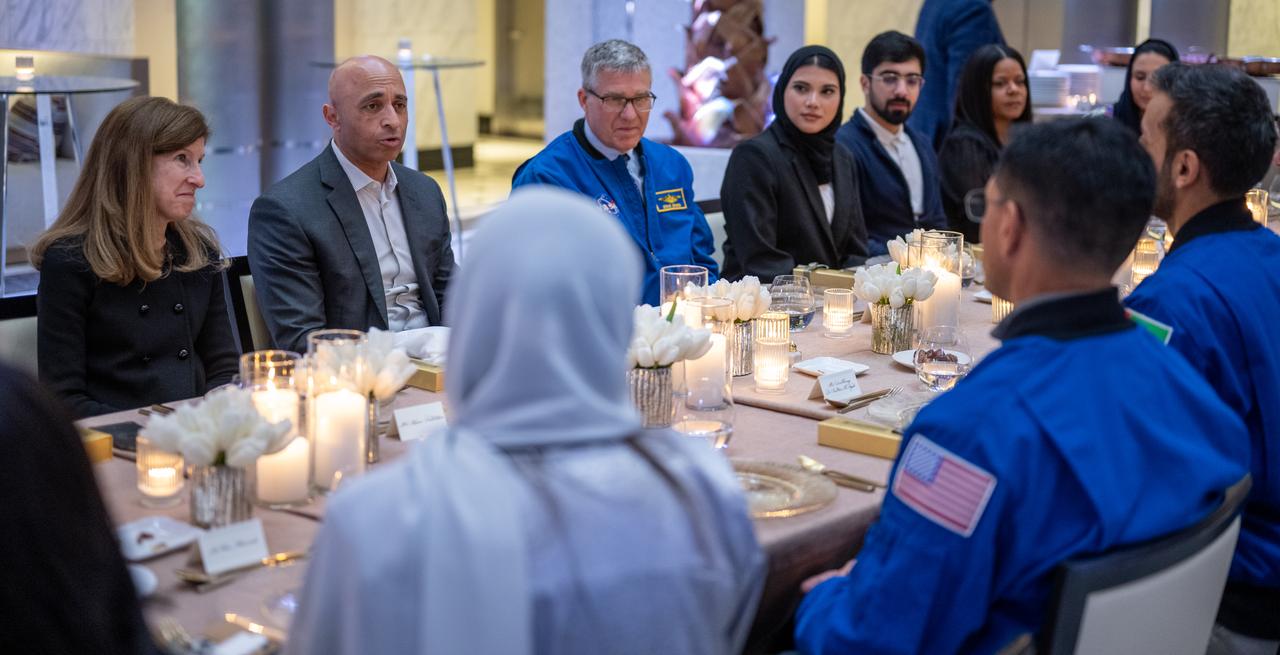 UAE (United Arab Emirates) Ambassador to the US and Minister of State, Yousef Al Otaib, second from left, delivers remarks during an Iftar dinner with with UAE astronaut Sultan Alneyadi, NASA astronauts Frank Rubio and Stephen Bowen, and guests, Thursday, March 21, 2024, at the UAE Embassy in Washington. Bowen and Alneyadi spent 186 days aboard the International Space Station as part of Expedition 69; while Rubio set a new record for the longest single spaceflight by a U.S. astronaut, spending 371 days in orbit on an extended mission spanning Expeditions 68 and 69. Photo Credit: (NASA/Keegan Barber)