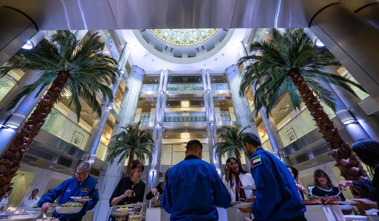 UAE (United Arab Emirates) astronaut Sultan Alneyadi, NASA astronauts Frank Rubio and Stephen Bowen, and guests are seen during an Iftar dinner, Thursday, March 21, 2024, at the UAE Embassy in Washington. Bowen and Alneyadi spent 186 days aboard the International Space Station as part of Expedition 69; while Rubio set a new record for the longest single spaceflight by a U.S. astronaut, spending 371 days in orbit on an extended mission spanning Expeditions 68 and 69. Photo Credit: (NASA/Keegan Barber)