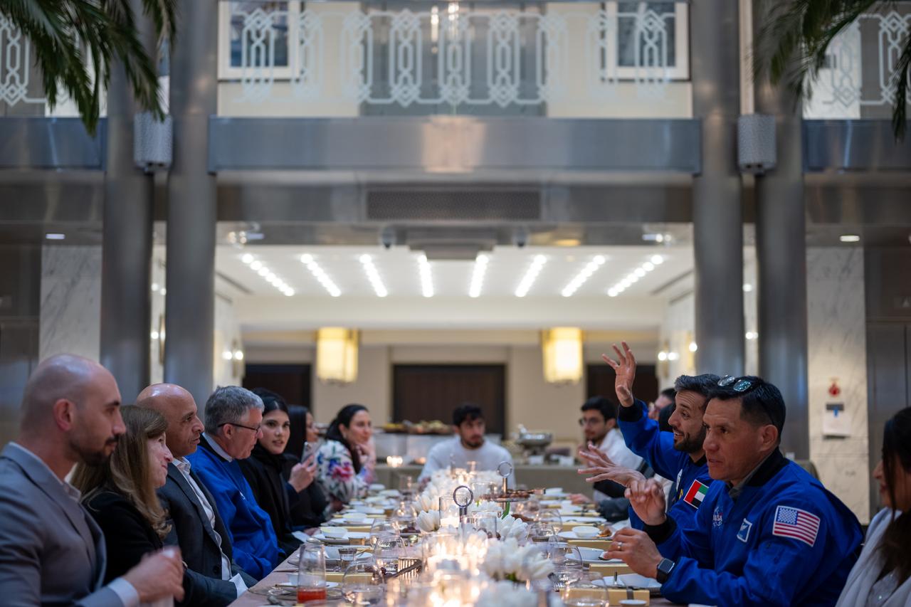 UAE (United Arab Emirates) astronaut Sultan Alneyadi, NASA astronauts Frank Rubio and Stephen Bowen, UAE Ambassador to the US and Minister of State, Yousef Al Otaib, and guests are seen during an Iftar dinner, Thursday, March 21, 2024, at the UAE Embassy in Washington. Alneyadi spent 186 days aboard the International Space Station as part of Expedition 69; while Rubio set a new record for the longest single spaceflight by a U.S. astronaut, spending 371 days in orbit on an extended mission spanning Expeditions 68 and 69. Photo Credit: (NASA/Keegan Barber)