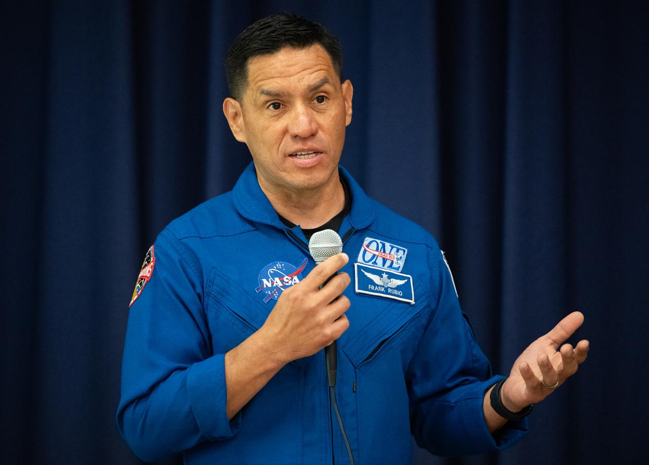 NASA astronaut Frank Rubio speaks with students, Friday, March 22, 2024, during a visit to Rolling Terrance Elementary School in Takoma Park, Maryland with fellow NASA astronaut Stephen Bowen and UAE (United Arab Emirates) astronaut Sultan Alneyadi. Bowen and Alneyadi spent 186 days aboard the International Space Station as part of Expedition 69; while Rubio set a new record for the longest single spaceflight by a U.S. astronaut, spending 371 days in orbit on an extended mission spanning Expeditions 68 and 69.  Photo Credit: (NASA/Joel Kowsky)