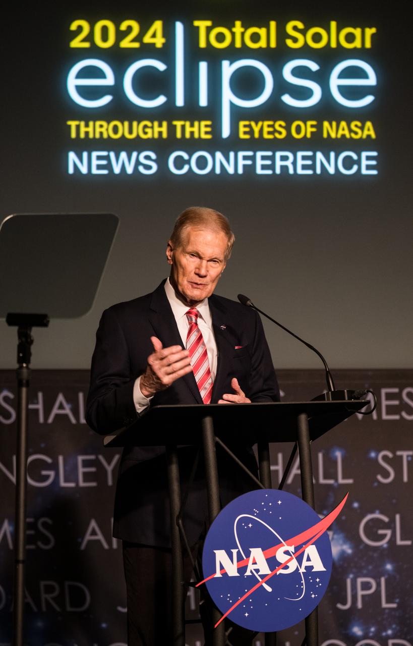 NASA Administrator Bill Nelson speaks during a media briefing to discuss the upcoming solar eclipse, Tuesday, March 26, 2024 at the Mary W. Jackson NASA Headquarters building in Washington. A total solar eclipse will sweep across a narrow portion of the North American continent from Mexico’s Pacific coast to the Atlantic coast of Newfoundland, Canada on April 8, 2024. A partial solar eclipse will be visible across the entire North American continent along with parts of Central America and Europe. Photo Credit: (NASA/Aubrey Gemignani)