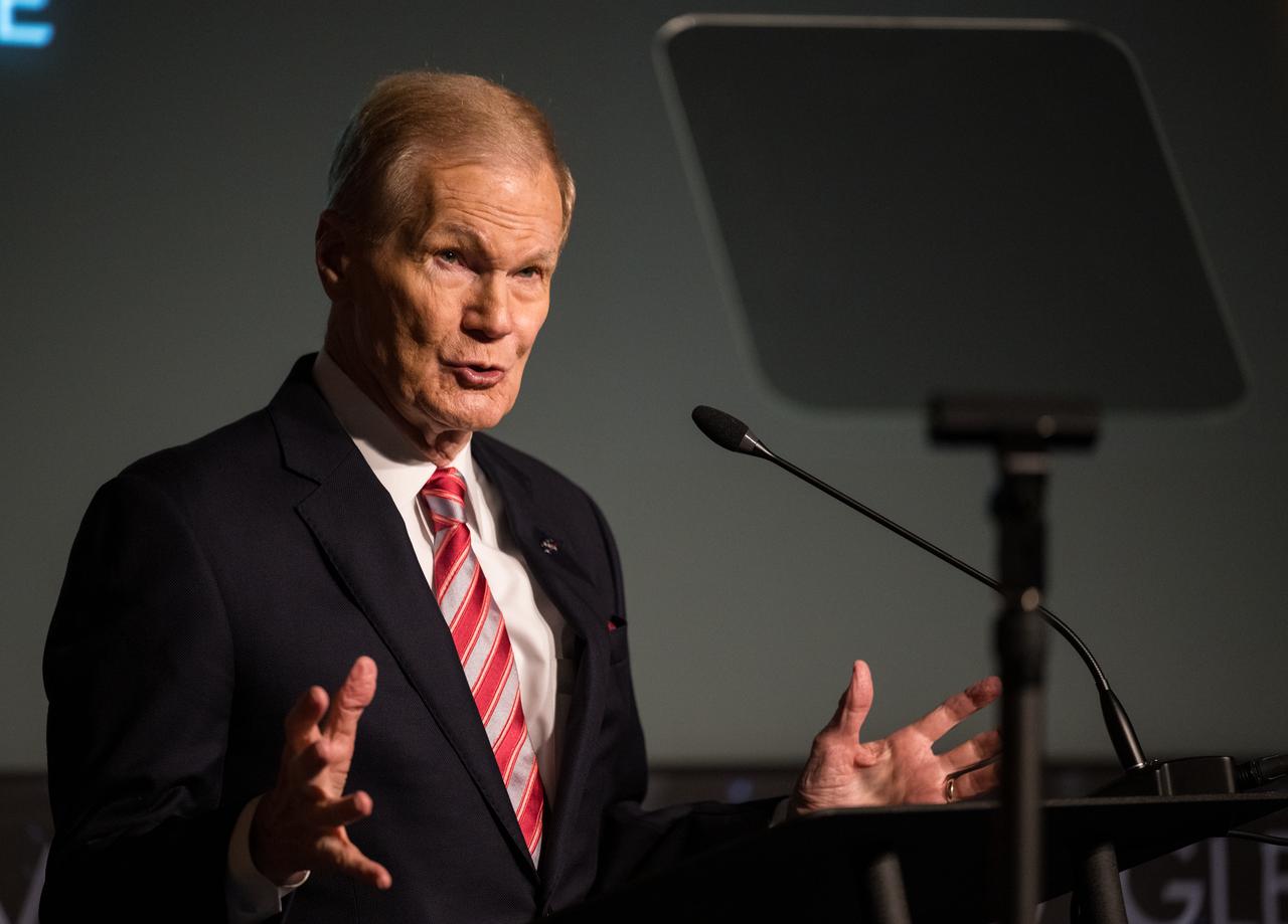 NASA Administrator Bill Nelson speaks during a media briefing to discuss the upcoming solar eclipse, Tuesday, March 26, 2024 at the Mary W. Jackson NASA Headquarters building in Washington. A total solar eclipse will sweep across a narrow portion of the North American continent from Mexico’s Pacific coast to the Atlantic coast of Newfoundland, Canada on April 8, 2024. A partial solar eclipse will be visible across the entire North American continent along with parts of Central America and Europe. Photo Credit: (NASA/Aubrey Gemignani)