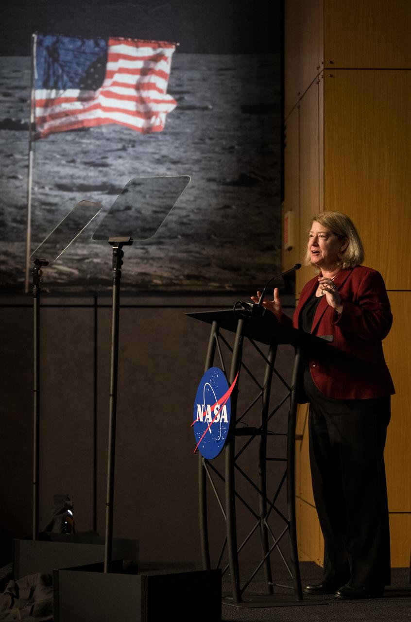 NASA Deputy Administrator Pam Melroy speaks during a media briefing to discuss the upcoming solar eclipse, Tuesday, March 26, 2024 at the Mary W. Jackson NASA Headquarters building in Washington. A total solar eclipse will sweep across a narrow portion of the North American continent from Mexico’s Pacific coast to the Atlantic coast of Newfoundland, Canada on April 8, 2024. A partial solar eclipse will be visible across the entire North American continent along with parts of Central America and Europe. Photo Credit: (NASA/Aubrey Gemignani)