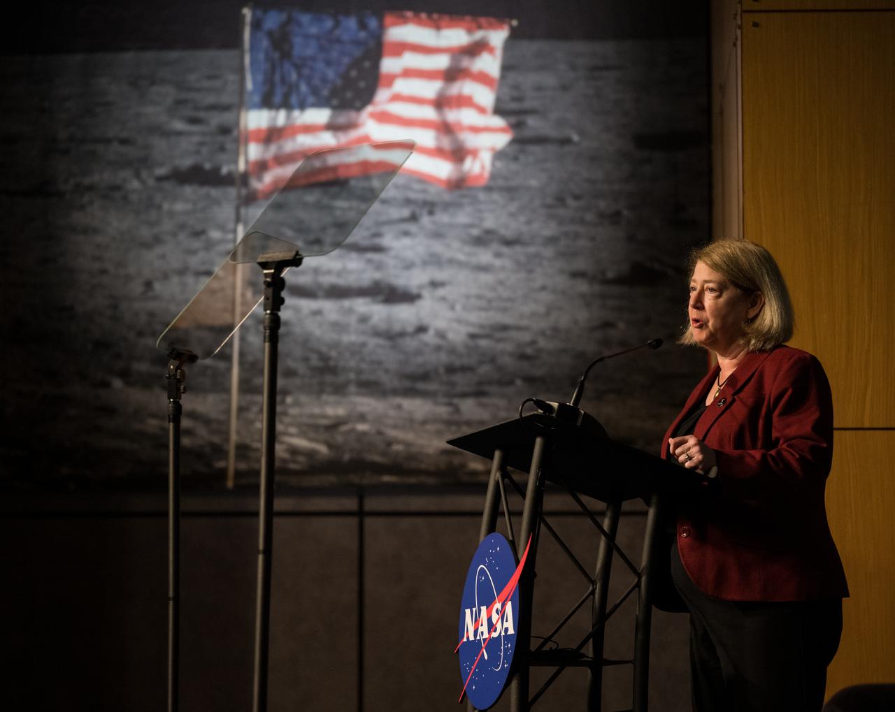NASA Deputy Administrator Pam Melroy speaks during a media briefing to discuss the upcoming solar eclipse, Tuesday, March 26, 2024 at the Mary W. Jackson NASA Headquarters building in Washington. A total solar eclipse will sweep across a narrow portion of the North American continent from Mexico’s Pacific coast to the Atlantic coast of Newfoundland, Canada on April 8, 2024. A partial solar eclipse will be visible across the entire North American continent along with parts of Central America and Europe. Photo Credit: (NASA/Aubrey Gemignani)