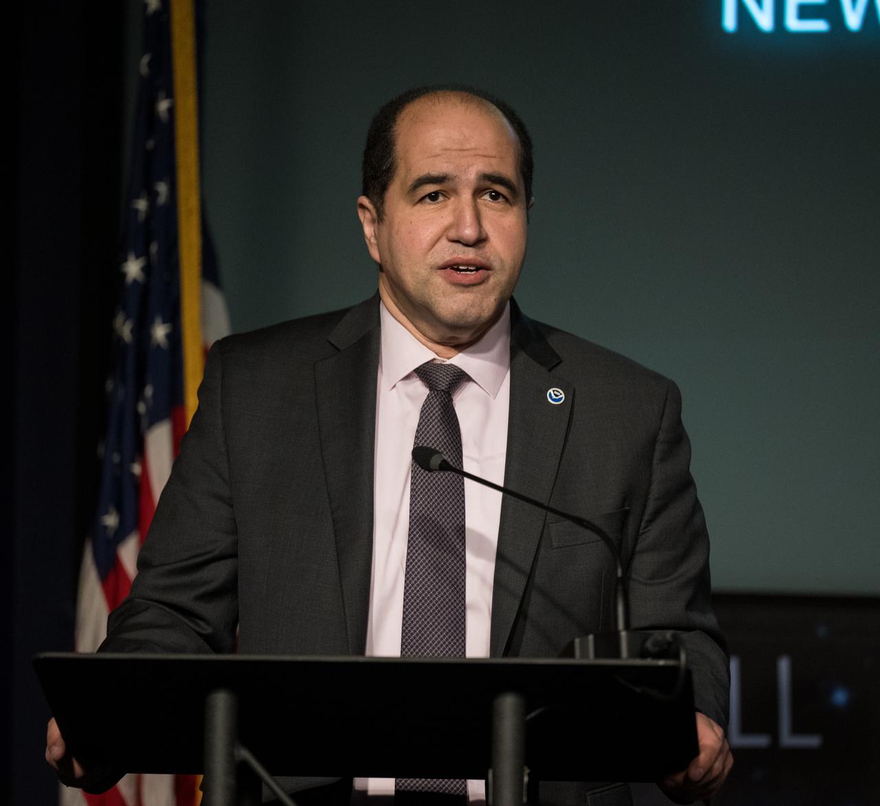 Director of the National Oceanic and Atmospheric Administration’s Office of Space Weather Observations, Elsayed Talaat, speaks during a media briefing to discuss the upcoming solar eclipse, Tuesday, March 26, 2024 at the Mary W. Jackson NASA Headquarters building in Washington. A total solar eclipse will sweep across a narrow portion of the North American continent from Mexico’s Pacific coast to the Atlantic coast of Newfoundland, Canada on April 8, 2024. A partial solar eclipse will be visible across the entire North American continent along with parts of Central America and Europe. Photo Credit: (NASA/Aubrey Gemignani)