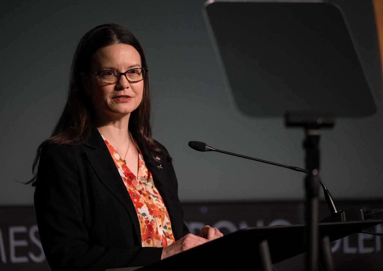 NASA Headquarters eclipse program manager, Kelly Korreck, speaks during a media briefing to discuss the upcoming solar eclipse, Tuesday, March 26, 2024 at the Mary W. Jackson NASA Headquarters building in Washington. A total solar eclipse will sweep across a narrow portion of the North American continent from Mexico’s Pacific coast to the Atlantic coast of Newfoundland, Canada on April 8, 2024. A partial solar eclipse will be visible across the entire North American continent along with parts of Central America and Europe. Photo Credit: (NASA/Aubrey Gemignani)