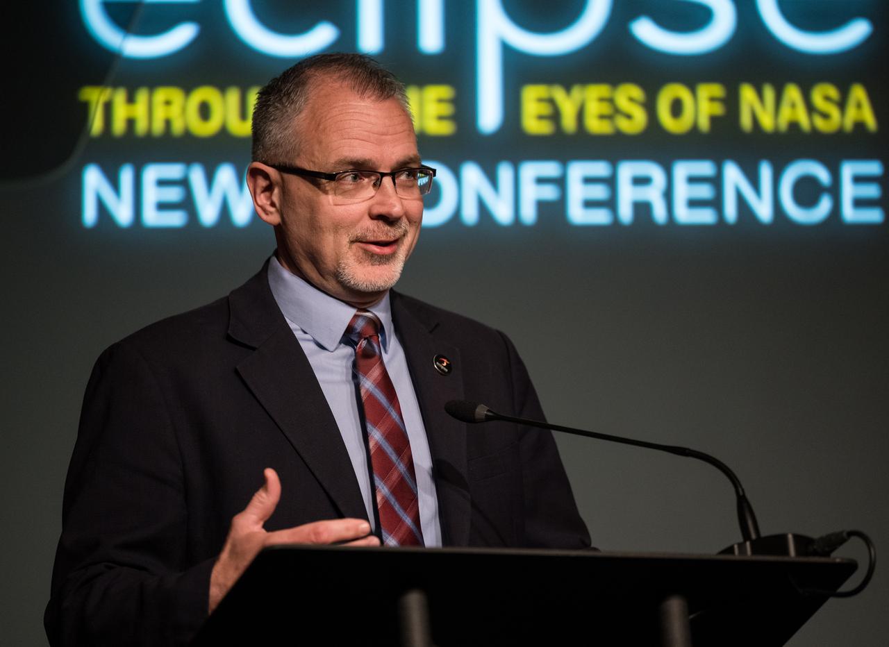 NASA Associate Administrator Jim Free speaks during a media briefing to discuss the upcoming solar eclipse, Tuesday, March 26, 2024 at the Mary W. Jackson NASA Headquarters building in Washington. A total solar eclipse will sweep across a narrow portion of the North American continent from Mexico’s Pacific coast to the Atlantic coast of Newfoundland, Canada on April 8, 2024. A partial solar eclipse will be visible across the entire North American continent along with parts of Central America and Europe. Photo Credit: (NASA/Aubrey Gemignani)