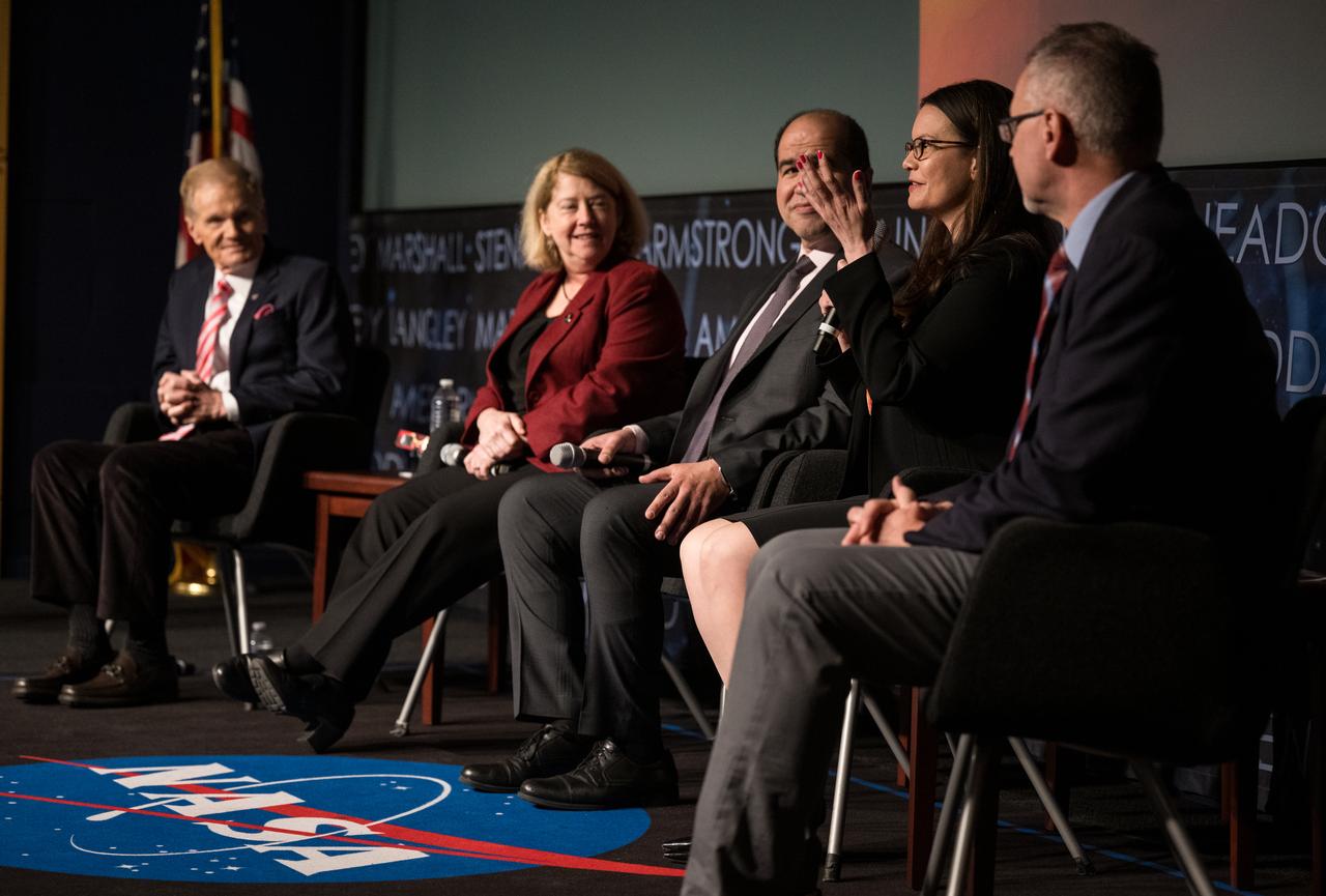 Panelists, from left to right, NASA Administrator Bill Nelson, NASA Deputy Administrator Pam Melroy, Director of the National Oceanic and Atmospheric Administration’s Office of Space Weather Observations, Elsayed Talaat, NASA Headquarters eclipse program manager, Kelly Korreck, and NASA Associate Administrator Jim Free are seen during a media briefing to discuss the upcoming solar eclipse, Tuesday, March 26, 2024 at the Mary W. Jackson NASA Headquarters building in Washington. A total solar eclipse will sweep across a narrow portion of the North American continent from Mexico’s Pacific coast to the Atlantic coast of Newfoundland, Canada on April 8, 2024. A partial solar eclipse will be visible across the entire North American continent along with parts of Central America and Europe. Photo Credit: (NASA/Aubrey Gemignani)