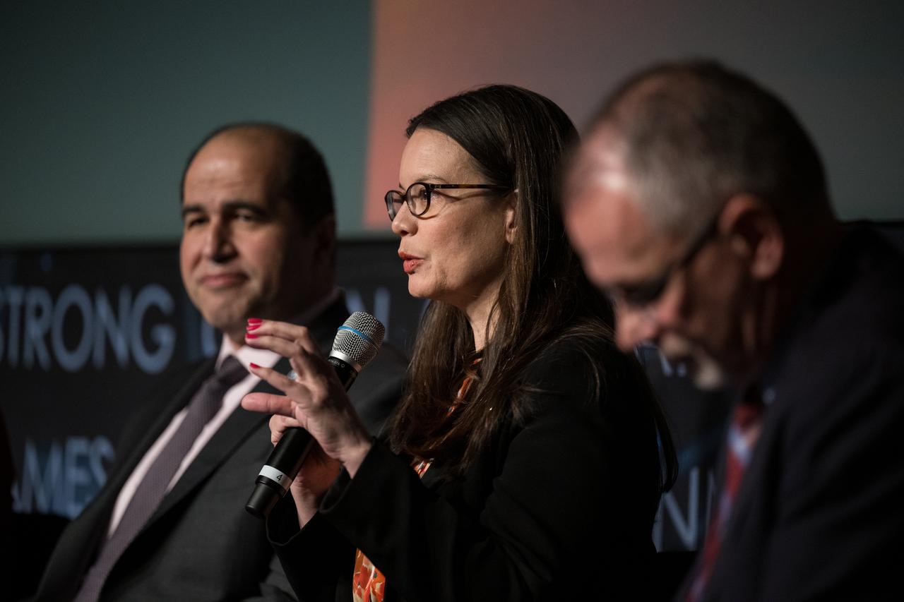 NASA Headquarters eclipse program manager, Kelly Korreck, speaks during a media briefing to discuss the upcoming solar eclipse, Tuesday, March 26, 2024 at the Mary W. Jackson NASA Headquarters building in Washington. A total solar eclipse will sweep across a narrow portion of the North American continent from Mexico’s Pacific coast to the Atlantic coast of Newfoundland, Canada on April 8, 2024. A partial solar eclipse will be visible across the entire North American continent along with parts of Central America and Europe. Photo Credit: (NASA/Aubrey Gemignani)
