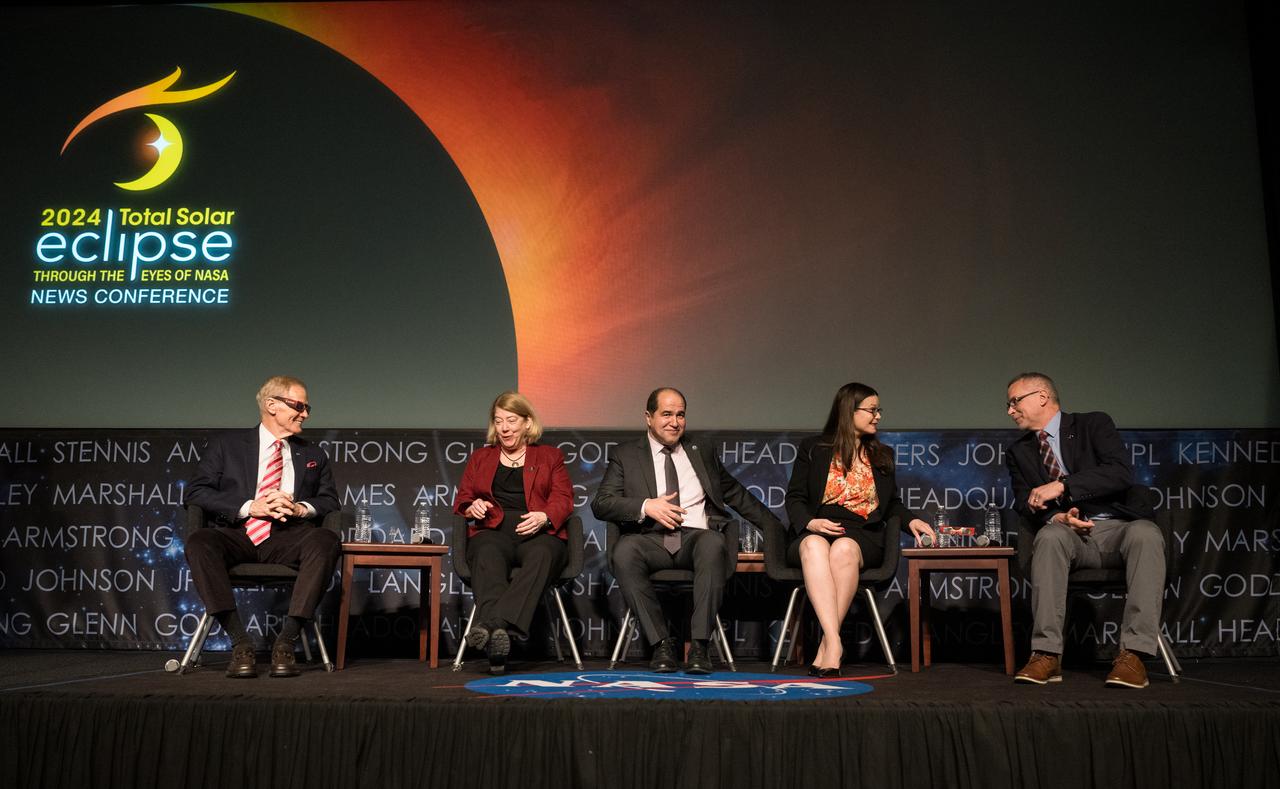 Panelists, from left to right, NASA Administrator Bill Nelson, NASA Deputy Administrator Pam Melroy, Director of the National Oceanic and Atmospheric Administration’s Office of Space Weather Observations, Elsayed Talaat, NASA Headquarters eclipse program manager, Kelly Korreck, and NASA Associate Administrator Jim Free are seen at the conclusion of a media briefing to discuss the upcoming solar eclipse, Tuesday, March 26, 2024 at the Mary W. Jackson NASA Headquarters building in Washington. A total solar eclipse will sweep across a narrow portion of the North American continent from Mexico’s Pacific coast to the Atlantic coast of Newfoundland, Canada on April 8, 2024. A partial solar eclipse will be visible across the entire North American continent along with parts of Central America and Europe. Photo Credit: (NASA/Aubrey Gemignani)