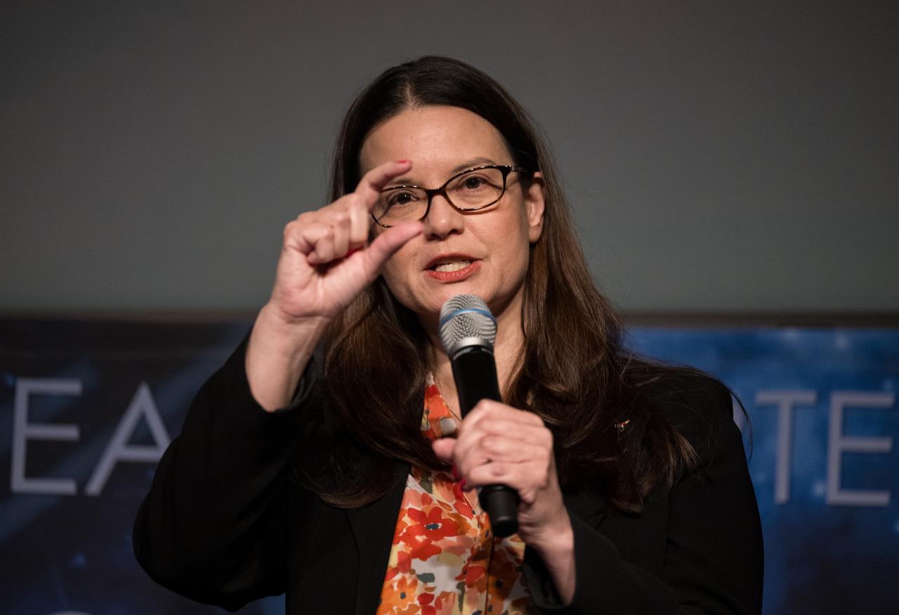 NASA Headquarters eclipse program manager, Kelly Korreck, speaks during a media briefing to discuss the upcoming solar eclipse, Tuesday, March 26, 2024 at the Mary W. Jackson NASA Headquarters building in Washington. A total solar eclipse will sweep across a narrow portion of the North American continent from Mexico’s Pacific coast to the Atlantic coast of Newfoundland, Canada on April 8, 2024. A partial solar eclipse will be visible across the entire North American continent along with parts of Central America and Europe. Photo Credit: (NASA/Aubrey Gemignani)