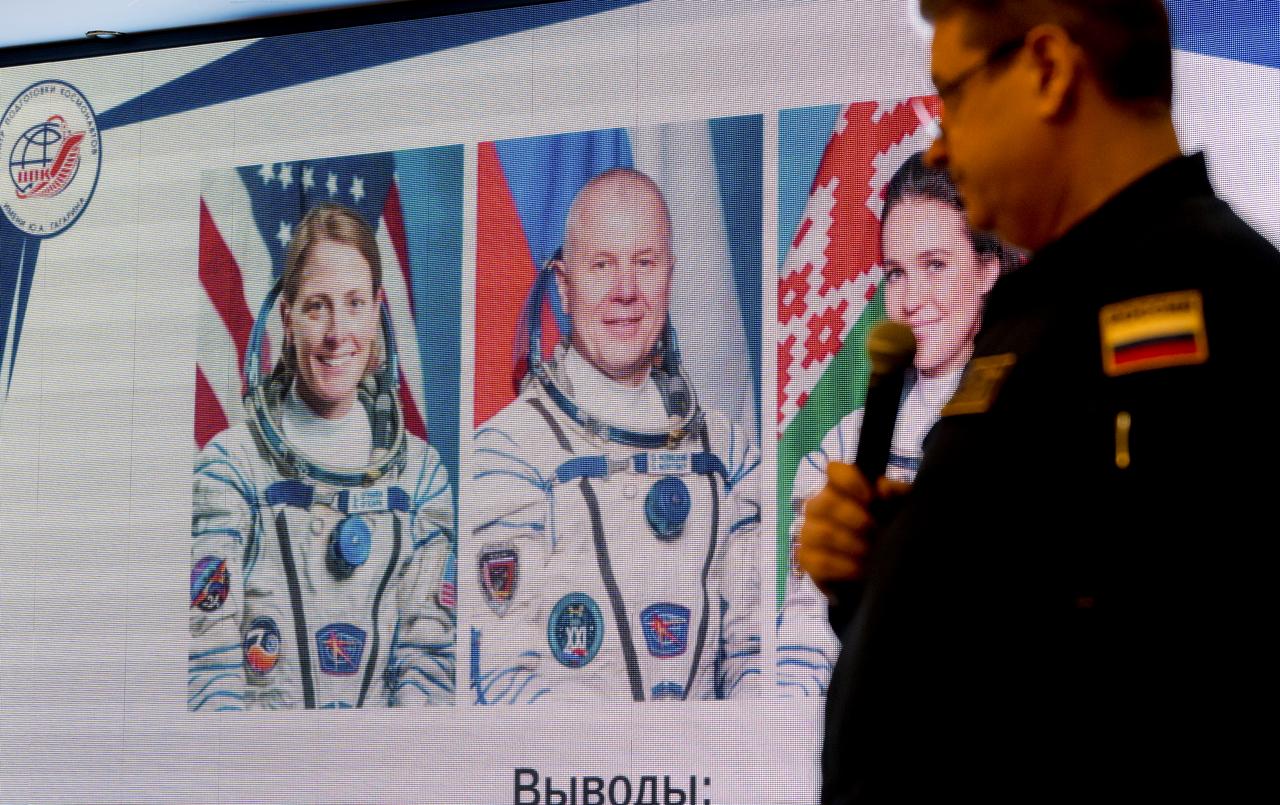 NASA, Roscosmos, and Russian Search and Recovery Forces meet at the Cosmonaut Hotel in Karaganda, Kazakhstan, Thursday, April 4, 2024, to discuss the readiness for the landing of Expedition 70 NASA astronaut Loral O'Hara, Roscosmos cosmonaut Oleg Novitskiy, and Belarus spaceflight participant Marina Vasilevskaya. Photo Credit: (NASA/Bill Ingalls)