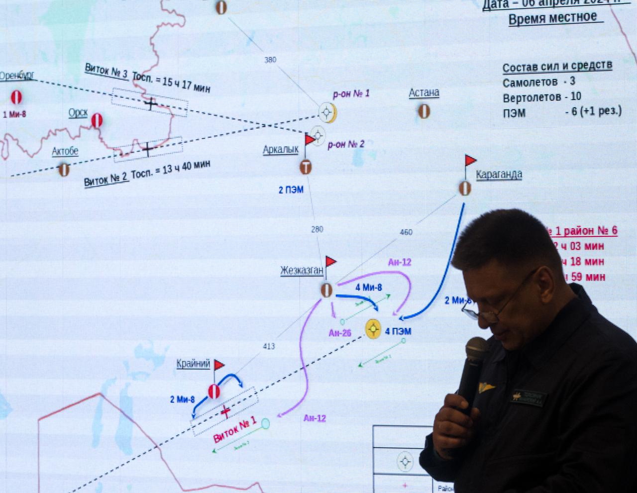 NASA, Roscosmos, and Russian Search and Recovery Forces meet at the Cosmonaut Hotel in Karaganda, Kazakhstan, Thursday, April 4, 2024, to discuss the readiness for the landing of Expedition 70 NASA astronaut Loral O'Hara, Roscosmos cosmonaut Oleg Novitskiy, and Belarus spaceflight participant Marina Vasilevskaya. Photo Credit: (NASA/Bill Ingalls)
