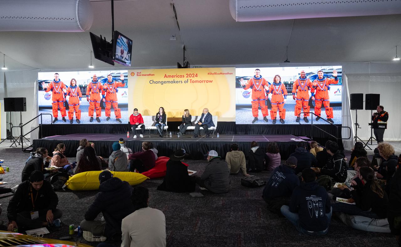 Jason Cruz, with the Shell Eco-marathon, left, Patricia Moore, communications strategist for the Moon to Mars Program Office in NASA's Exploration Systems Development Mission Directorate, second from left, Andrea Mueller, engineer at Team Penske, second from right, and Torry Johnson, deputy associate administrator for STEM Engagement in NASA's Office of STEM Engagement, right, are seen during a panel discussion about careers in STEM at the Shell Eco-marathon Americas, Thursday, April 4, 2024, at the Indianapolis Motor Speedway in Indianapolis, Ind. Photo Credit: (NASA/Joel Kowsky)