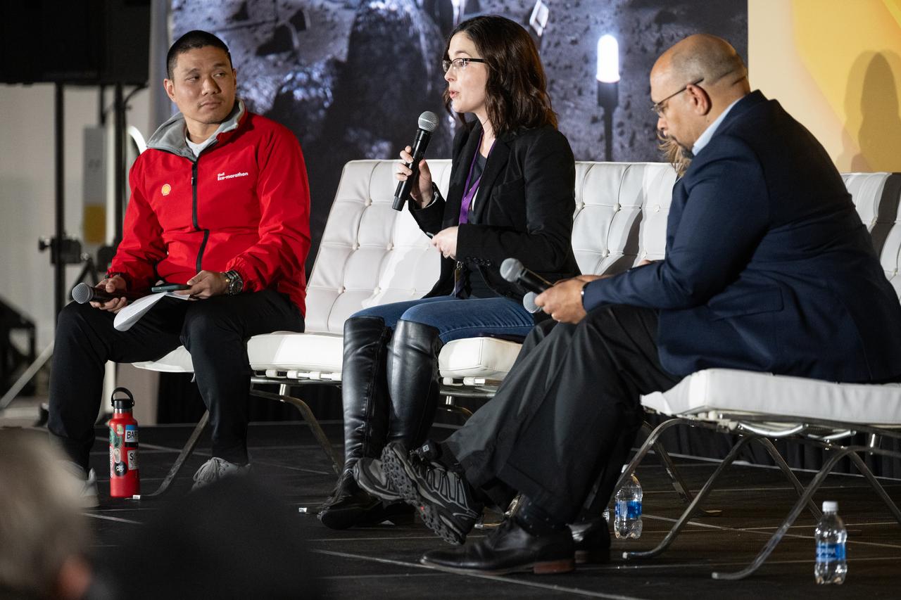 Patricia Moore, communications strategist for the Moon to Mars Program Office in NASA's Exploration Systems Development Mission Directorate, center, speak to students about careers in STEM during a panel discussion at the Shell Eco-marathon Americas along with Jason Cruz, with the Shell Eco-marathon, Andrea Mueller, engineer at Team Penske , and Torry Johnson, deputy associate administrator for STEM Engagement in NASA's Office of STEM Engagement, Thursday, April 4, 2024, at the Indianapolis Motor Speedway in Indianapolis, Ind. Photo Credit: (NASA/Joel Kowsky)