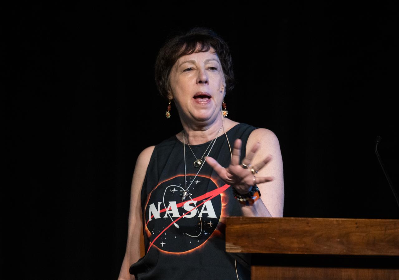 NASA Associate Administrator for the Science Mission Directorate, Dr. Nicky Fox, speaks during a presentation about the upcoming total solar eclipse, Saturday, April 6, 2024 at the Cailloux Theater in Kerrville, Texas. On Monday, April 8, a total solar eclipse will sweep across a narrow portion of the North American continent from Mexico’s Pacific coast to the Atlantic coast of Newfoundland, Canada, while a partial solar eclipse will be visible across the entire North American continent along with parts of Central America and Europe. Photo Credit: (NASA/Aubrey Gemignani)