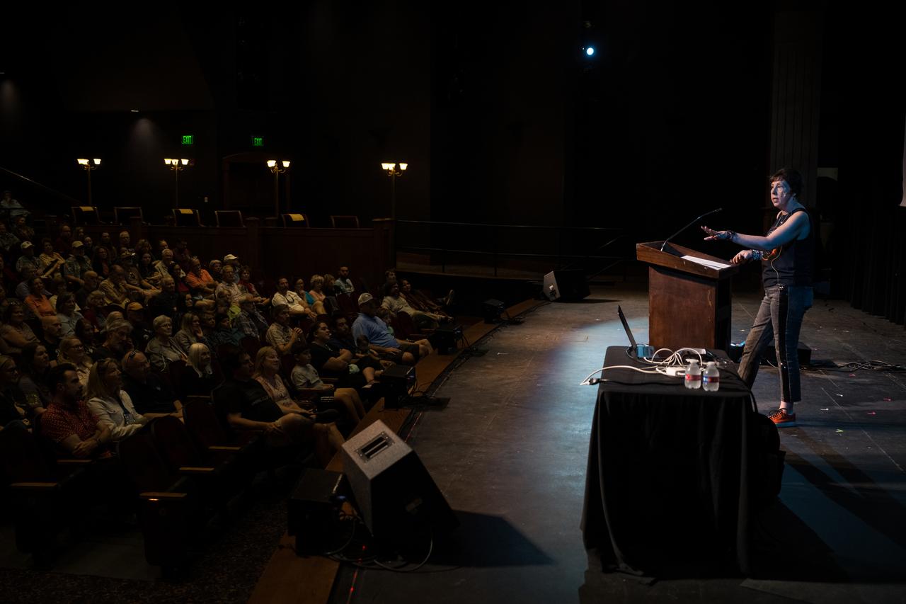NASA Associate Administrator for the Science Mission Directorate, Dr. Nicky Fox, speaks during a presentation about the upcoming total solar eclipse, Saturday, April 6, 2024 at the Cailloux Theater in Kerrville, Texas. On Monday, April 8, a total solar eclipse will sweep across a narrow portion of the North American continent from Mexico’s Pacific coast to the Atlantic coast of Newfoundland, Canada, while a partial solar eclipse will be visible across the entire North American continent along with parts of Central America and Europe. Photo Credit: (NASA/Aubrey Gemignani)