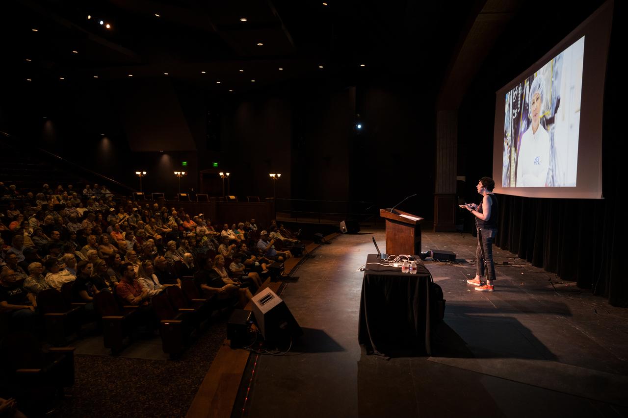 NASA Associate Administrator for the Science Mission Directorate, Dr. Nicky Fox, speaks during a presentation about the upcoming total solar eclipse, Saturday, April 6, 2024 at the Cailloux Theater in Kerrville, Texas. On Monday, April 8, a total solar eclipse will sweep across a narrow portion of the North American continent from Mexico’s Pacific coast to the Atlantic coast of Newfoundland, Canada, while a partial solar eclipse will be visible across the entire North American continent along with parts of Central America and Europe. Photo Credit: (NASA/Aubrey Gemignani)