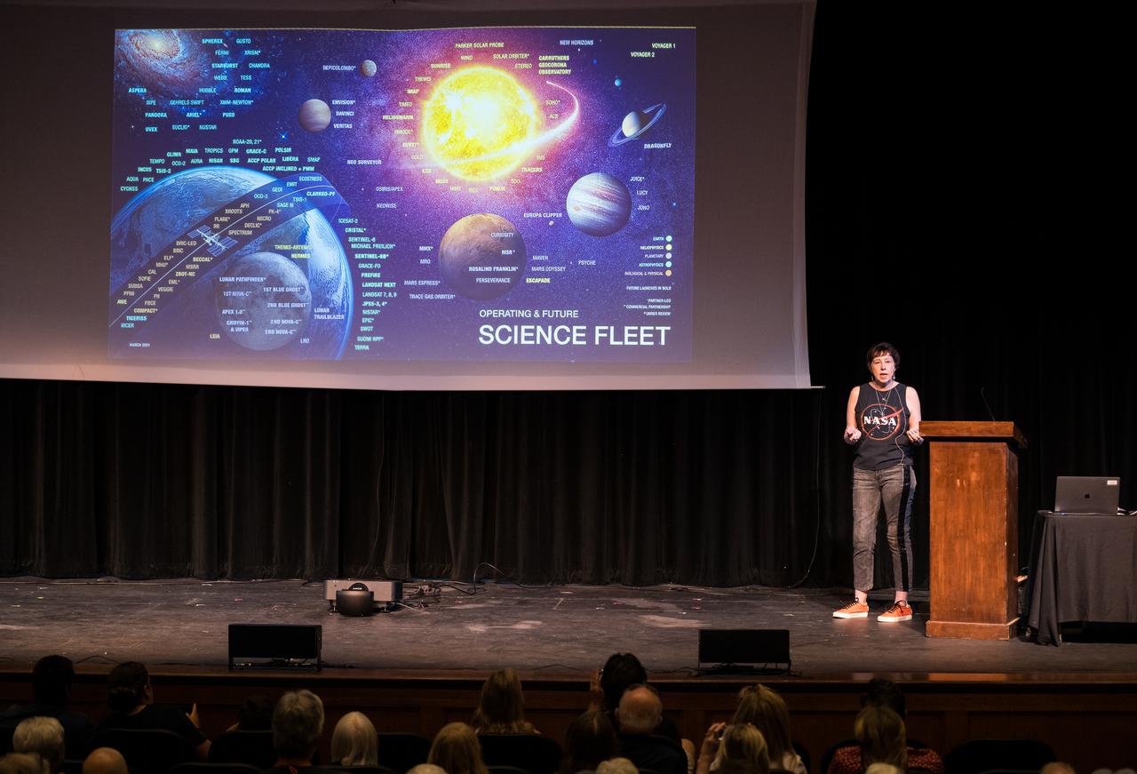 NASA Associate Administrator for the Science Mission Directorate, Dr. Nicky Fox, speaks during a presentation about the upcoming total solar eclipse, Saturday, April 6, 2024 at the Cailloux Theater in Kerrville, Texas. On Monday, April 8, a total solar eclipse will sweep across a narrow portion of the North American continent from Mexico’s Pacific coast to the Atlantic coast of Newfoundland, Canada, while a partial solar eclipse will be visible across the entire North American continent along with parts of Central America and Europe. Photo Credit: (NASA/Aubrey Gemignani)