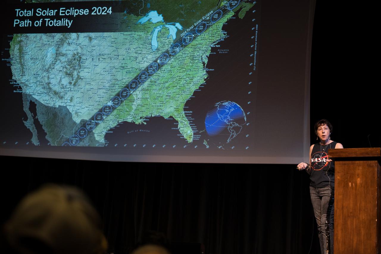NASA Associate Administrator for the Science Mission Directorate, Dr. Nicky Fox, speaks during a presentation about the upcoming total solar eclipse, Saturday, April 6, 2024 at the Cailloux Theater in Kerrville, Texas. On Monday, April 8, a total solar eclipse will sweep across a narrow portion of the North American continent from Mexico’s Pacific coast to the Atlantic coast of Newfoundland, Canada, while a partial solar eclipse will be visible across the entire North American continent along with parts of Central America and Europe. Photo Credit: (NASA/Aubrey Gemignani)