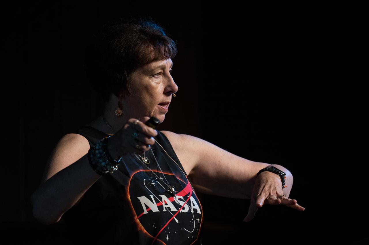NASA Associate Administrator for the Science Mission Directorate, Dr. Nicky Fox, speaks during a presentation about the upcoming total solar eclipse, Saturday, April 6, 2024 at the Cailloux Theater in Kerrville, Texas. On Monday, April 8, a total solar eclipse will sweep across a narrow portion of the North American continent from Mexico’s Pacific coast to the Atlantic coast of Newfoundland, Canada, while a partial solar eclipse will be visible across the entire North American continent along with parts of Central America and Europe. Photo Credit: (NASA/Aubrey Gemignani)
