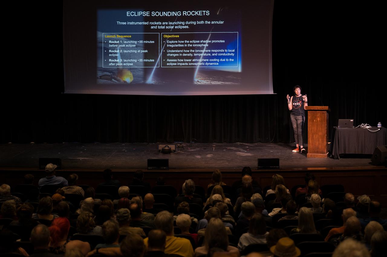 NASA Associate Administrator for the Science Mission Directorate, Dr. Nicky Fox, speaks during a presentation about the upcoming total solar eclipse, Saturday, April 6, 2024 at the Cailloux Theater in Kerrville, Texas. On Monday, April 8, a total solar eclipse will sweep across a narrow portion of the North American continent from Mexico’s Pacific coast to the Atlantic coast of Newfoundland, Canada, while a partial solar eclipse will be visible across the entire North American continent along with parts of Central America and Europe. Photo Credit: (NASA/Aubrey Gemignani)