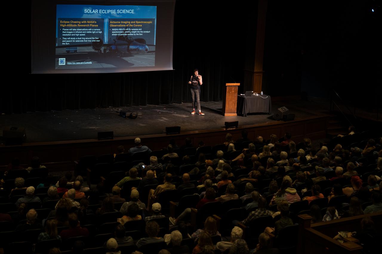 NASA Associate Administrator for the Science Mission Directorate, Dr. Nicky Fox, speaks during a presentation about the upcoming total solar eclipse, Saturday, April 6, 2024 at the Cailloux Theater in Kerrville, Texas. On Monday, April 8, a total solar eclipse will sweep across a narrow portion of the North American continent from Mexico’s Pacific coast to the Atlantic coast of Newfoundland, Canada, while a partial solar eclipse will be visible across the entire North American continent along with parts of Central America and Europe. Photo Credit: (NASA/Aubrey Gemignani)