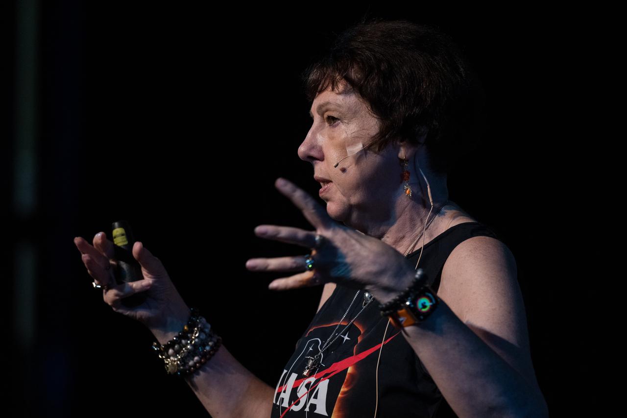 NASA Associate Administrator for the Science Mission Directorate, Dr. Nicky Fox, speaks during a presentation about the upcoming total solar eclipse, Saturday, April 6, 2024 at the Cailloux Theater in Kerrville, Texas. On Monday, April 8, a total solar eclipse will sweep across a narrow portion of the North American continent from Mexico’s Pacific coast to the Atlantic coast of Newfoundland, Canada, while a partial solar eclipse will be visible across the entire North American continent along with parts of Central America and Europe. Photo Credit: (NASA/Aubrey Gemignani)