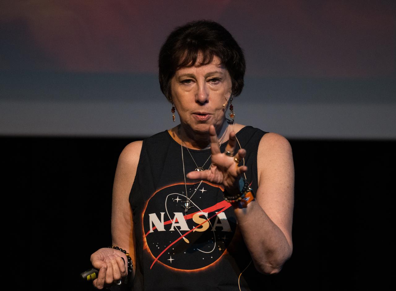 NASA Associate Administrator for the Science Mission Directorate, Dr. Nicky Fox, speaks during a presentation about the upcoming total solar eclipse, Saturday, April 6, 2024 at the Cailloux Theater in Kerrville, Texas. On Monday, April 8, a total solar eclipse will sweep across a narrow portion of the North American continent from Mexico’s Pacific coast to the Atlantic coast of Newfoundland, Canada, while a partial solar eclipse will be visible across the entire North American continent along with parts of Central America and Europe. Photo Credit: (NASA/Aubrey Gemignani)