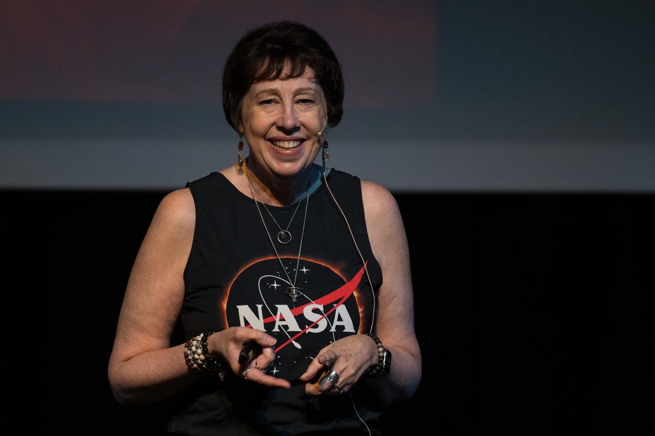 NASA Associate Administrator for the Science Mission Directorate, Dr. Nicky Fox, speaks during a presentation about the upcoming total solar eclipse, Saturday, April 6, 2024 at the Cailloux Theater in Kerrville, Texas. On Monday, April 8, a total solar eclipse will sweep across a narrow portion of the North American continent from Mexico’s Pacific coast to the Atlantic coast of Newfoundland, Canada, while a partial solar eclipse will be visible across the entire North American continent along with parts of Central America and Europe. Photo Credit: (NASA/Aubrey Gemignani)
