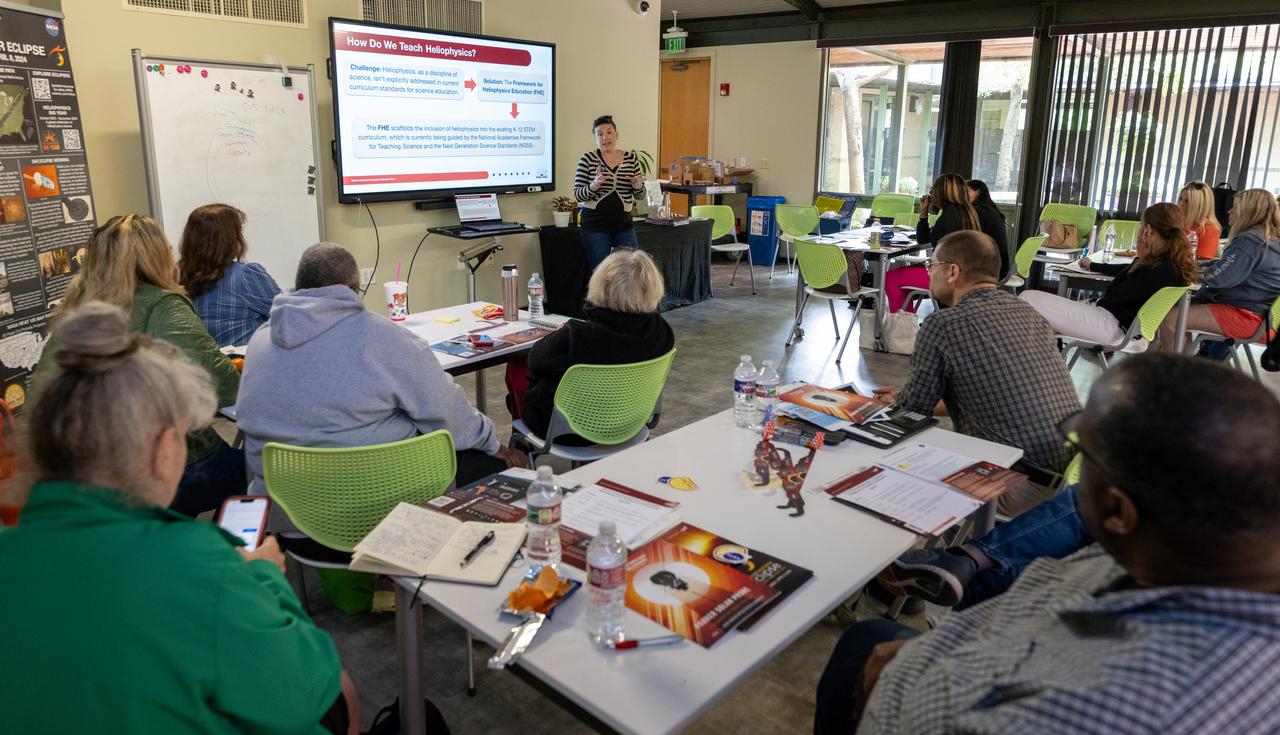 NASA Education Specialist Christine Milotte gives a presentation during a teacher professional development event hosted by the NASA Heliophysics Education Activation Team (HEAT) at the Dallas Arboretum, Saturday, April 6, 2024, in Dallas, Texas. Photo Credit: (NASA/Keegan Barber)
