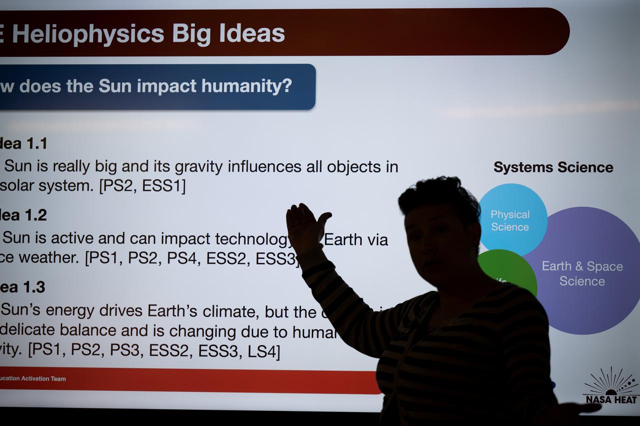 NASA Education Specialist Christine Milotte gives a presentation during a teacher professional development event hosted by the NASA Heliophysics Education Activation Team (HEAT) at the Dallas Arboretum, Saturday, April 6, 2024, in Dallas, Texas. Photo Credit: (NASA/Keegan Barber)