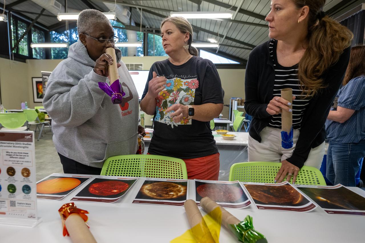 Local educators participate in heliophysics activities during a teacher professional development event hosted by the NASA Heliophysics Education Activation Team (HEAT) at the Dallas Arboretum, Saturday, April 6, 2024, in Dallas, Texas. Photo Credit: (NASA/Keegan Barber)