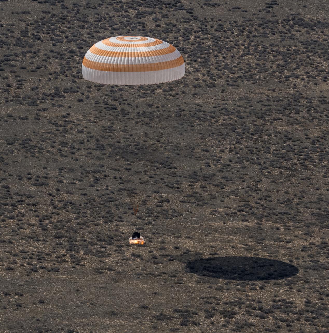 The Soyuz MS-24 spacecraft is seen as it lands in a remote area near the town of Zhezkazgan, Kazakhstan with Expedition 70 NASA astronaut Loral O'Hara, Roscosmos cosmonaut Oleg Novitskiy, and Belarus spaceflight participant Marina Vasilevskaya, Saturday, April 6, 2024. O’Hara is returning to Earth after logging 204 days in space as a member of Expeditions 69-70 aboard the International Space Station and Novitskiy and Vasilevskaya return after having spent the last 14 days in space. Photo Credit (NASA/Bill Ingalls)