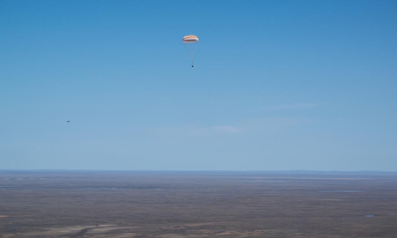 The Soyuz MS-24 spacecraft is seen as it lands in a remote area near the town of Zhezkazgan, Kazakhstan with Expedition 70 NASA astronaut Loral O'Hara, Roscosmos cosmonaut Oleg Novitskiy, and Belarus spaceflight participant Marina Vasilevskaya, Saturday, April 6, 2024. O’Hara is returning to Earth after logging 204 days in space as a member of Expeditions 69-70 aboard the International Space Station and Novitskiy and Vasilevskaya return after having spent the last 14 days in space. Photo Credit (NASA/Bill Ingalls)