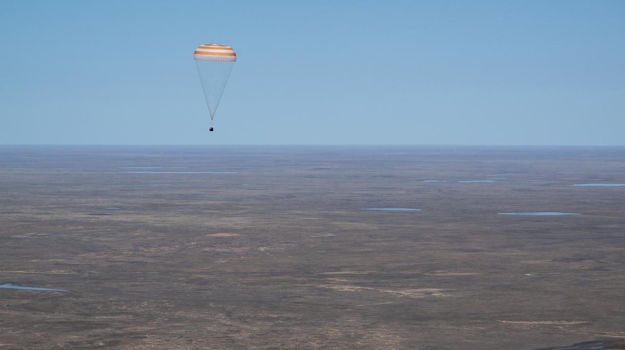 The Soyuz MS-24 spacecraft is seen as it lands in a remote area near the town of Zhezkazgan, Kazakhstan with Expedition 70 NASA astronaut Loral O'Hara, Roscosmos cosmonaut Oleg Novitskiy, and Belarus spaceflight participant Marina Vasilevskaya, Saturday, April 6, 2024. O’Hara is returning to Earth after logging 204 days in space as a member of Expeditions 69-70 aboard the International Space Station and Novitskiy and Vasilevskaya return after having spent the last 14 days in space. Photo Credit (NASA/Bill Ingalls)